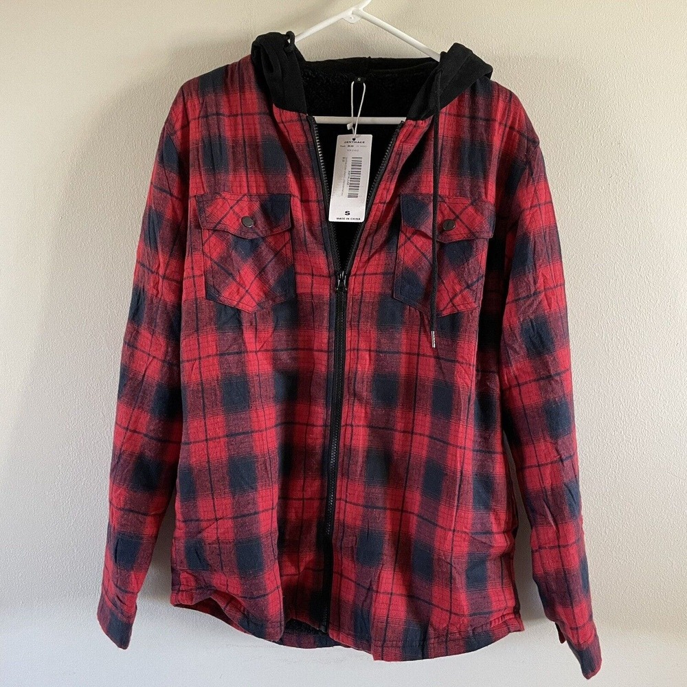 ZENTHACE SHERPA LINED FULL ZIP HOODED‎ PLAID SHIRT JACKET Men’s Size Small